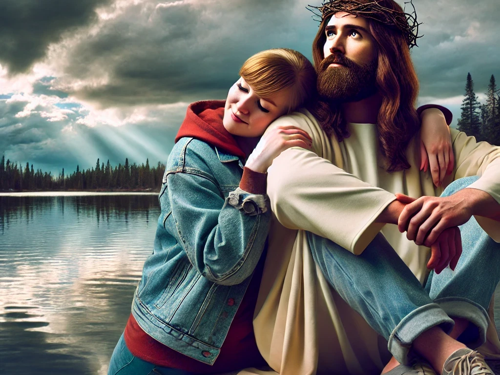 Jesus liebt mich, Neues Theater Jesus mit dornengekrönter Krone sitzt am See, eine junge Frau lehnt sich vertraut an seine Schulter.