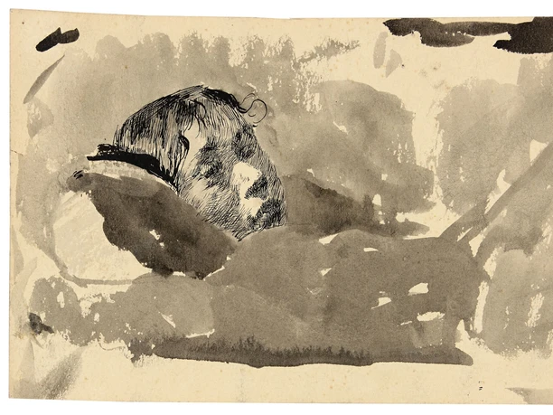 Kaethe-Kollwitz-Lise-im-Bett_04-nt-21_kkmk.jpg Eine liegende weibliche Figur ist zart in schwarzer Tinte skizziert. Der Hintergrund bleibt diffus.