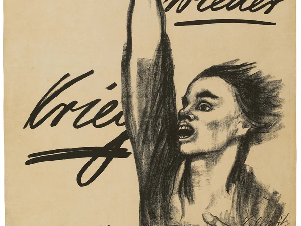 The poster shows a haunting drawing: an upright person with a determined expression raises his arm. The words "Never again war" are powerfully scattered across the picture. This historical-artistic depiction was created by Käthe Kollwitz and is a call for peace.
