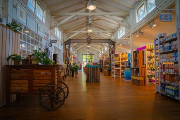 Bioladen Moorrübe Markthalle des Bioladen mit Lebensmittelregalen auf der rechten Seite und einem Holzkarren mit Pflanzen auf der Linken Seite.