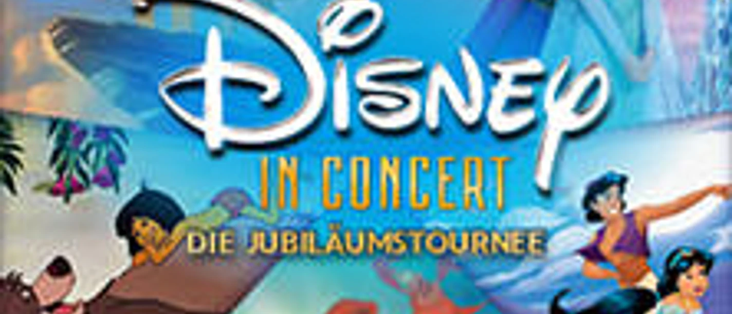 Mehrere berühmte Disney-Figuren aus animierten Filmen sind zu einem bunten Konzertplakat vereint.