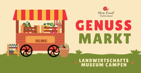 Genussmarkt in Campen Grafik mit Marktstand voller regionaler Produkte und Schriftzug Genussmarkt im Landwirtschaftsmuseum Campen