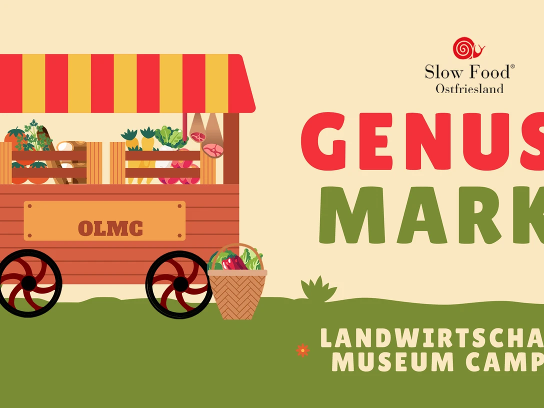 Genussmarkt in Campen Grafik mit Marktstand voller regionaler Produkte und Schriftzug Genussmarkt im Landwirtschaftsmuseum Campen