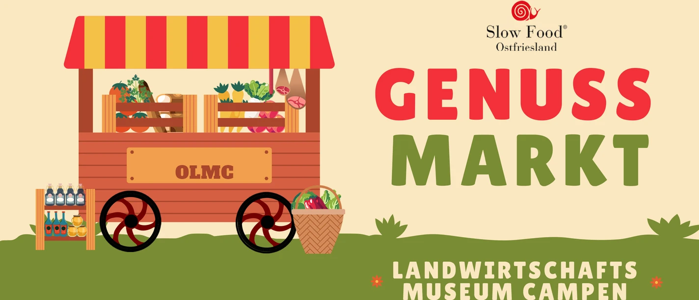 Genussmarkt in Campen Grafik mit Marktstand voller regionaler Produkte und Schriftzug Genussmarkt im Landwirtschaftsmuseum Campen