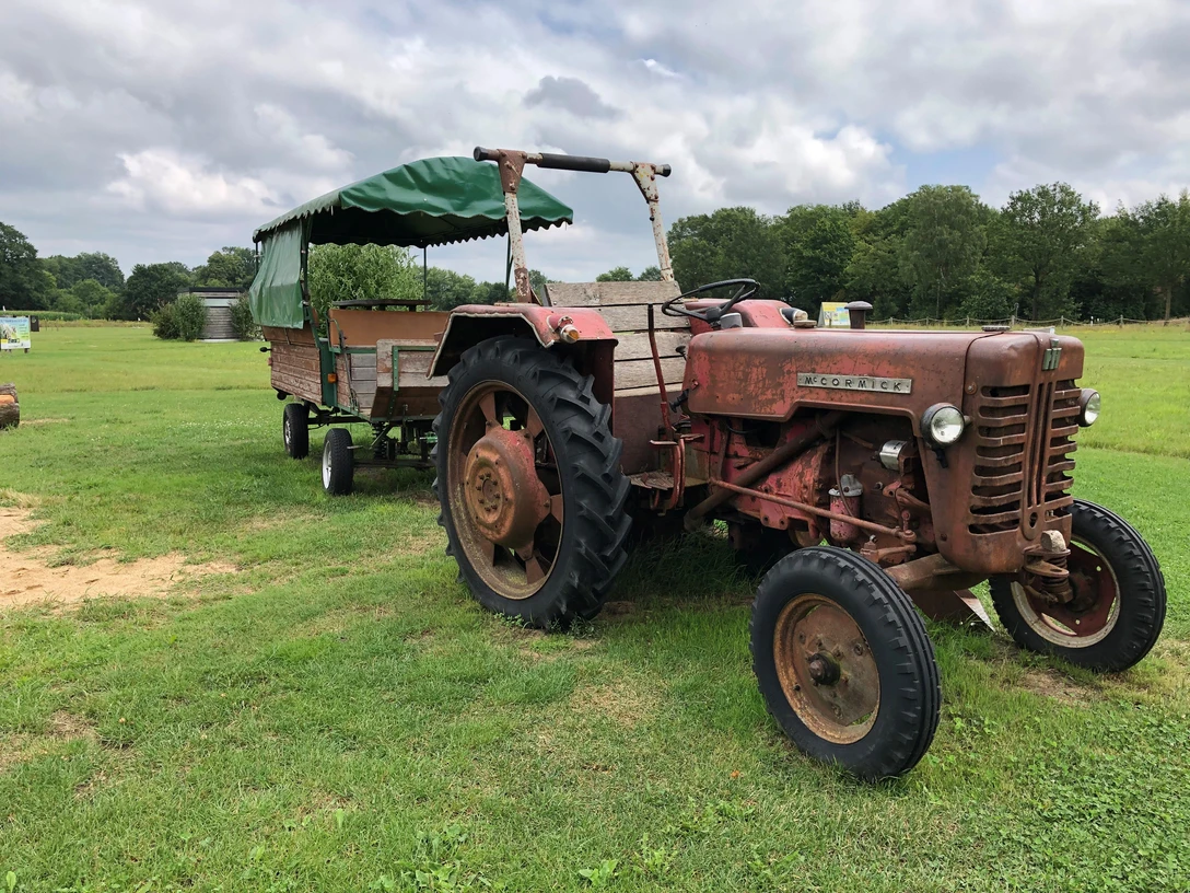 Hof Claus Ein rustikaler roter Traktor mit Anhänger steht auf einer grünen Wiese unter wolkigem Himmel.A rustic red tractor with a trailer stands on a green meadow under a cloudy sky.En rustik rød traktor med anhænger står på en grøn eng under en overskyet himmel.Een rustieke rode tractor met aanhanger staat op een groene weide onder een bewolkte hemel.