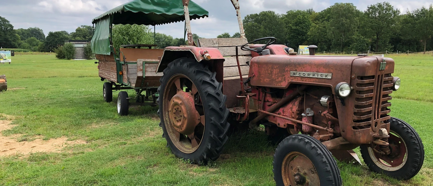 Hof Claus Ein rustikaler roter Traktor mit Anhänger steht auf einer grünen Wiese unter wolkigem Himmel.