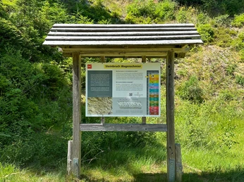 Informationstafel zum Steinbruch Wagenschmier mit grün bewachsenem Steinbruch im Hintergrund.