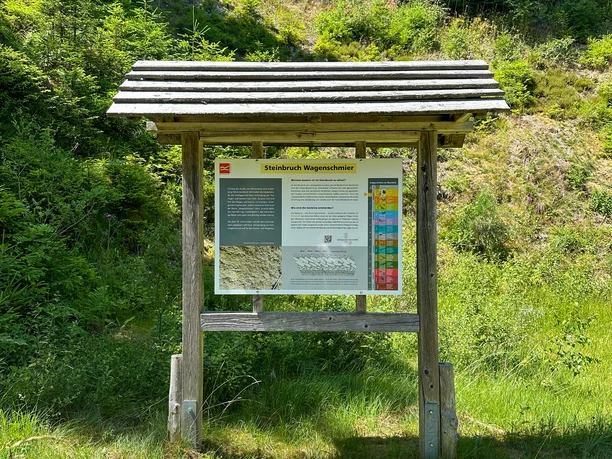 Informationstafel zum Steinbruch Wagenschmier mit grün bewachsenem Steinbruch im Hintergrund.