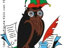 Eine Eule mit Narrenkappe, Schriftrollen und Tintenfass, das Wappen der Fidelitas.