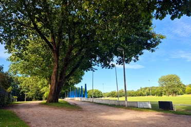Turnierplatz Tribuenen.jpg Das Bild zeigt eine breite, von Bäumen gesäumte Allee neben einem offenen Sportplatz mit blau-weißen Tribünen.