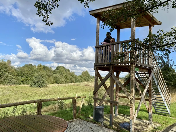 Kapellenmoorgraben, Niederlangen – Ausflug zum Aussichtsturm & Informationshütte ©Naturpark Moor-Veenland (2).jpeg Holzaussichtsturm am Kapellenmoor mit zwei Personen, Blick über weite Wiesenlandschaft unter Wolkenhimmel.
