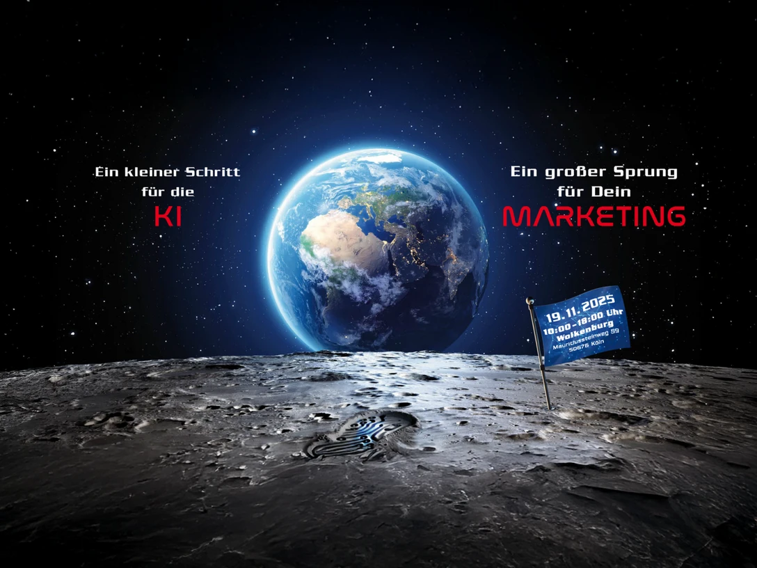 Marketingkongress Köln.png Der Bildhintergrund zeigt die Erde aus dem Weltall, während im Vordergrund ein Fußabdruck auf einer Mondoberfläche zu sehen ist. Links steht: "Ein kleiner Schritt für die KI", rechts: "Ein großer Sprung für Dein Marketing". Eine Fahne trägt das Datum 19.11.2023.The background of the image shows the Earth from space, while a footprint on the surface of the moon can be seen in the foreground. On the left it says: "One small step for AI", on the right: "One giant leap for your marketing". A flag bears the date 19.11.2023.
