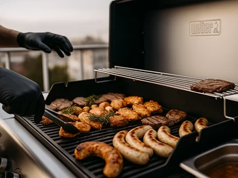 BBQ Buffet Malzmühle Verschiedene Fleischsorten und Würstchen liegen auf einem Grill, während jemand mit schwarzen Handschuhen Zangen benutzt.Various types of meat and sausages lie on a grill while someone with black gloves uses tongs.