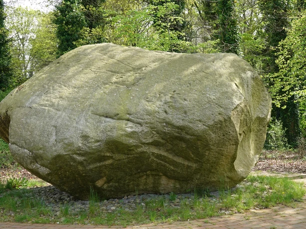 Koloss von Hüven – Geo-Tipp ©Emsland Tourismus GmbH (1).jpg Großer Findling aus Granit, umgeben von Laubbäumen und Gehölz im Naturpark Hümmling.