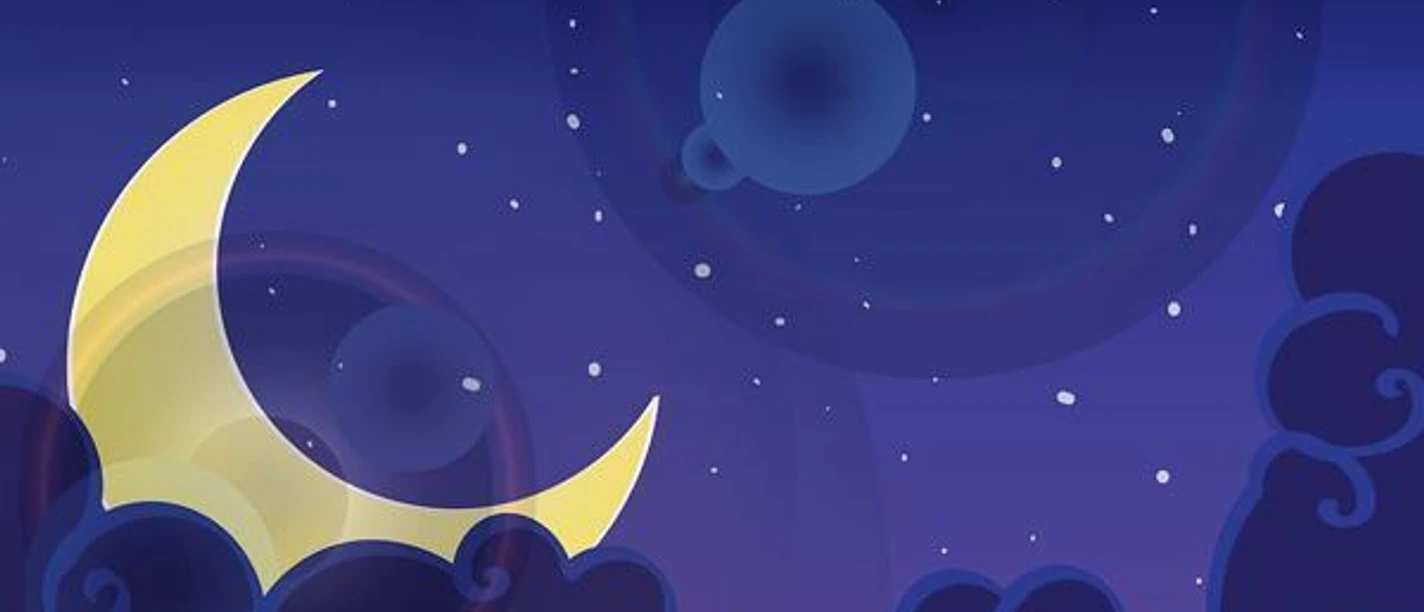 Ein gelber Halbmond schwebt vor einem sternenklaren Nachthimmel über stilisierten Wolken.