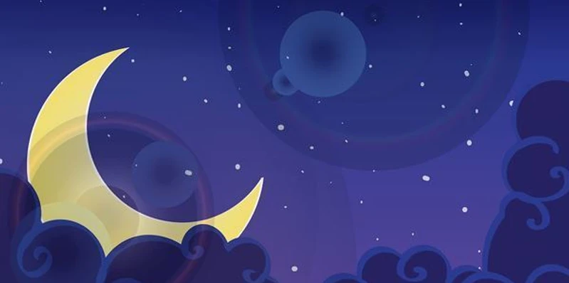 Ein gelber Halbmond schwebt vor einem sternenklaren Nachthimmel über stilisierten Wolken.