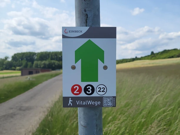 Beschilderung auf dem VitalWeg 2,3,22 Wegweiser des VitalWeg 2 in Einbeck mit grünem Pfeil und Nummernsymbolen auf Feldweg.