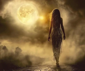 Pressebild Verwunschene Dämmerung (KI).png Eine Frau in einem langen Kleid geht bei Vollmond und Nebel auf einem ländlichen Weg entlang.