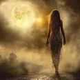 Pressebild Verwunschene Dämmerung (KI).png Eine Frau in einem langen Kleid geht bei Vollmond und Nebel auf einem ländlichen Weg entlang.