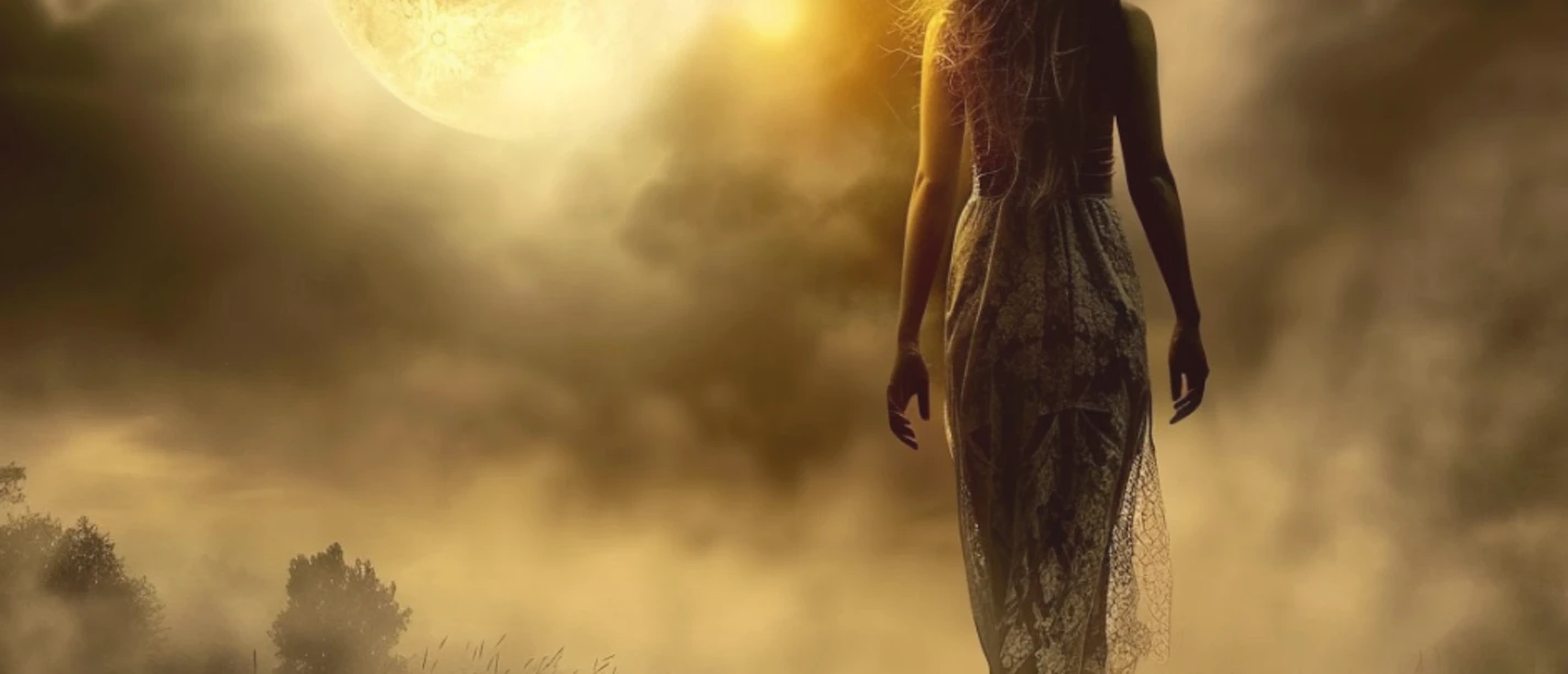 Pressebild Verwunschene Dämmerung (KI).png Eine Frau in einem langen Kleid geht bei Vollmond und Nebel auf einem ländlichen Weg entlang.