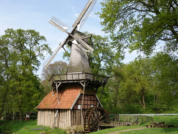 Hüvener Mühle, Wind- und Wassermühle an der Radde ©Emsland Tourismus GmbH (20).jpg Historische Wind- und Wassermühle aus Holz mit rotem Ziegeldach, umgeben von grünen Bäumen.