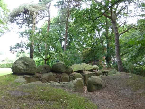 Große Findlinge eines steinzeitlichen Großsteingrabs im Wald, umgeben von Bäumen und Moos.