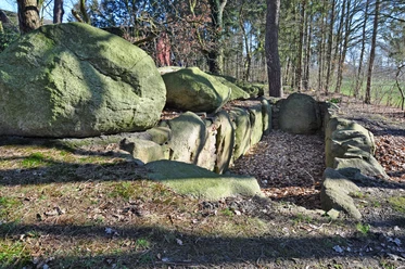 Großsteingrab An den Hünensteinen, Ostenwalde ©Emsland Tourismus GmbH (8).jpg Großsteingrab mit moosbewachsenen Felsblöcken im Wald, umgeben von Bäumen und Laub am Boden.