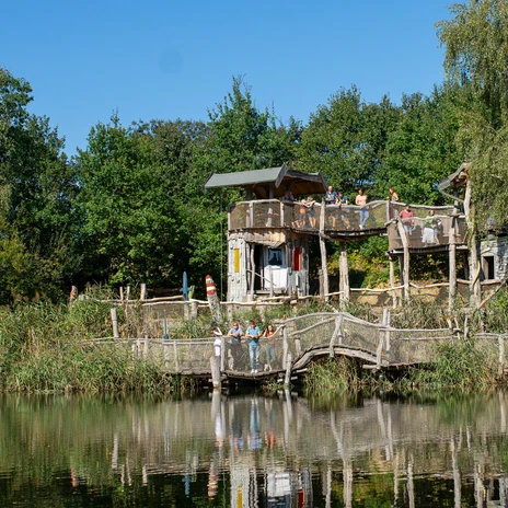 Au-dessus du lac tranquille s'élève une terrasse en bois avec des tours de chercheurs, entourée d'une végétation luxuriante et d'arbres verts.