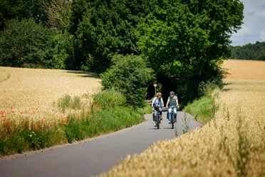 Zwischen Hasbergen und Hagen a.T.W. Zwei Radfahrer auf einer ländlichen, von Feldern gesäumten Straße an einem sonnigen Tag.