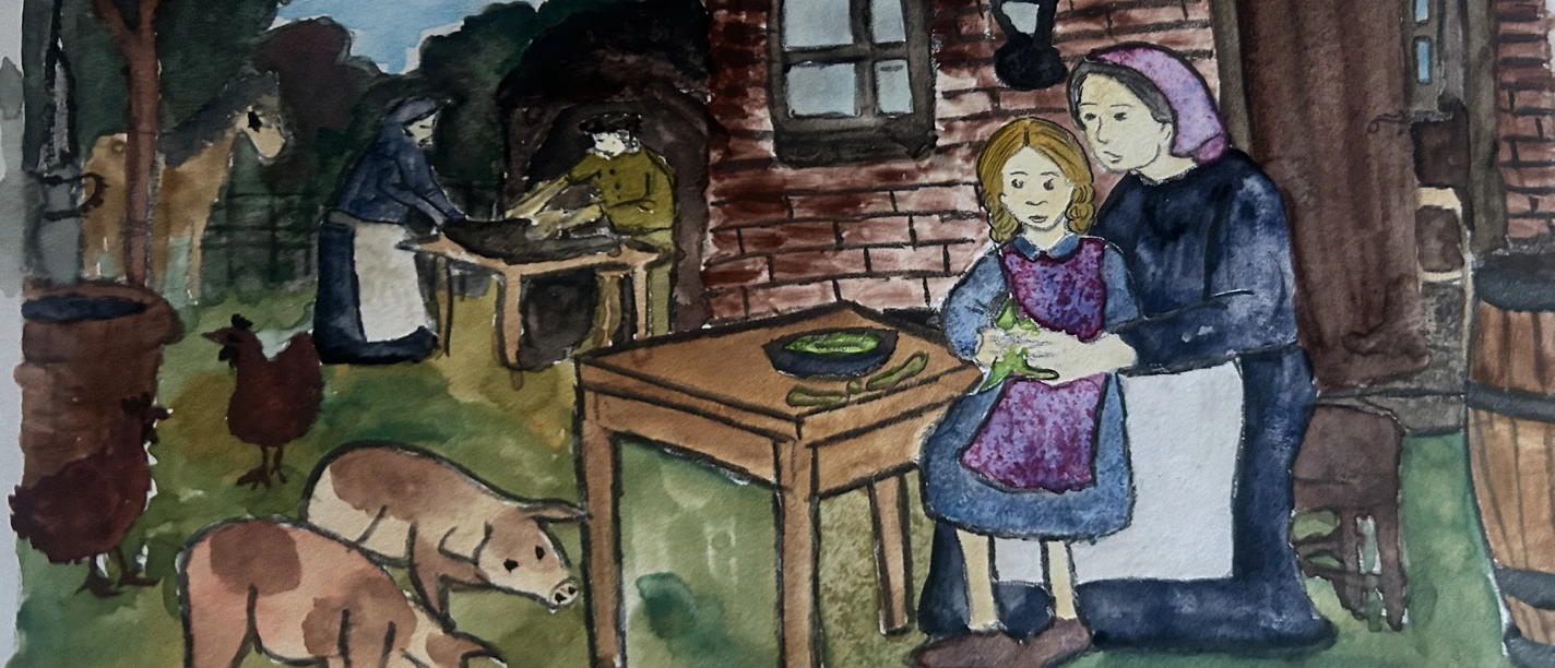 Illustration des Heuerhofes und der Großmutter mit ihrer Enkelin..JPG