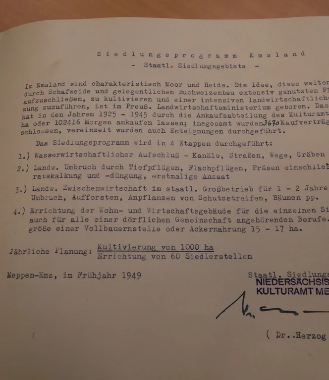 Der Emslandplan ist maßgeblich vom Kulturamt (heute Amt für regionale Landesentwicklung) mitgestaltet worden. Maschinengeschriebene Seite des Emslandplans von 1949 mit Text und Unterschrift von Dr. Herzog