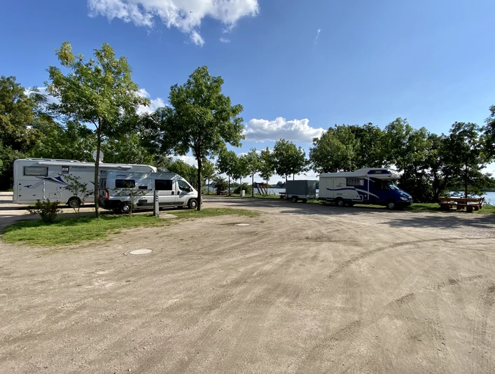 Wohnmobilstellplatz Geesthacht_Stellplätze Wohnmobilstellplatz mit mehreren Fahrzeugen, umgeben von Bäumen, bei sonnigem Wetter.