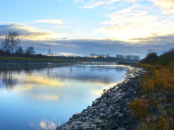 Emsauen, Naturschutzgebiet bei Herbrum ©Emsland Tourismus GmbH (2).jpg Flusslandschaft mit klarem Wasser, herbstlicher Vegetation und bewölktem Himmel bei Sonnenaufgang