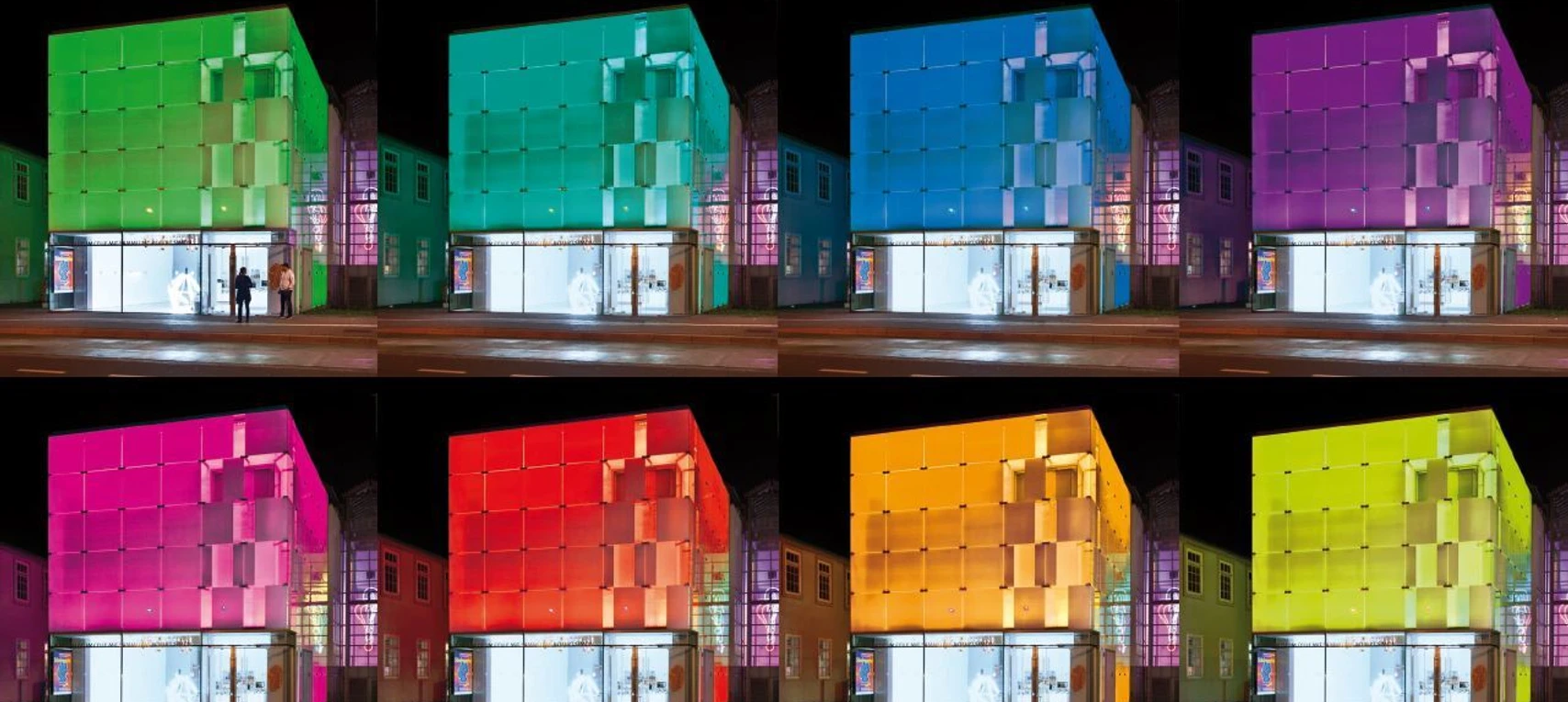 Farbwechsel_am_Kubus_-_Lichtkunst_am_Kunstmuseum_Celle.JPG Collage mit acht Nachtaufnahmen des Glaskubus vom Kunstmuseum Celle; das Gebäude ist jeweils in einer anderen Farbe beleuchtet: grün, türkis, blau, violett, pink, rot, orange und gelb.
