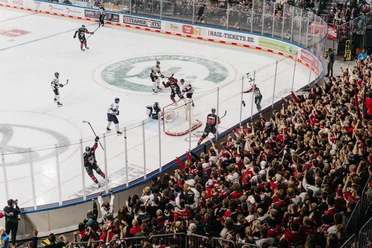 Kölner Haie Ein spannendes Eishockey-Spiel zwischen den Kölner Haien und einem anderen Team in einer vollen Arena.