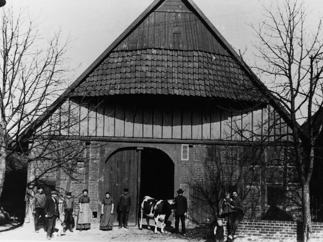 Ohle Geesken Historischer Bauernhof im Fachwerkstil mit Personen und einer Kuh vor dem großen Tor.