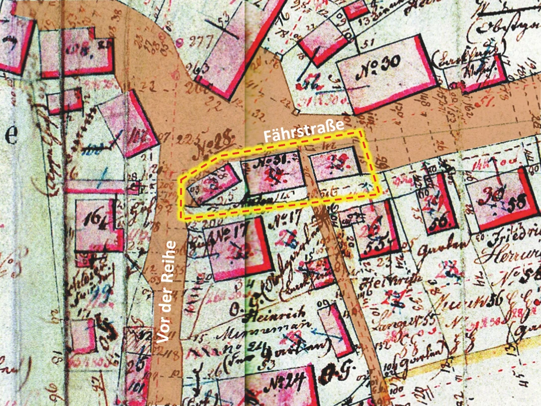 Kreuzung Fährstraße Historische Karte zeigt Kreuzung Fährstraße, umgeben von Grundstücksnummern und handschriftlichen Notizen.