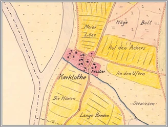 Kloster Lahde Historische Landkarte zeigt Kloster Lahde und Umgebung mit Flüssen, Wegen und angrenzenden Flächen.