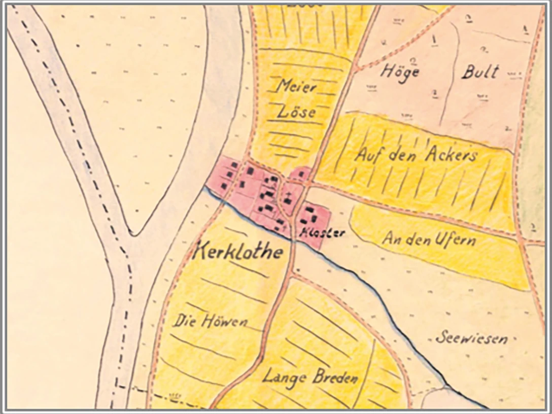 Kloster Lahde Historische Landkarte zeigt Kloster Lahde und Umgebung mit Flüssen, Wegen und angrenzenden Flächen.