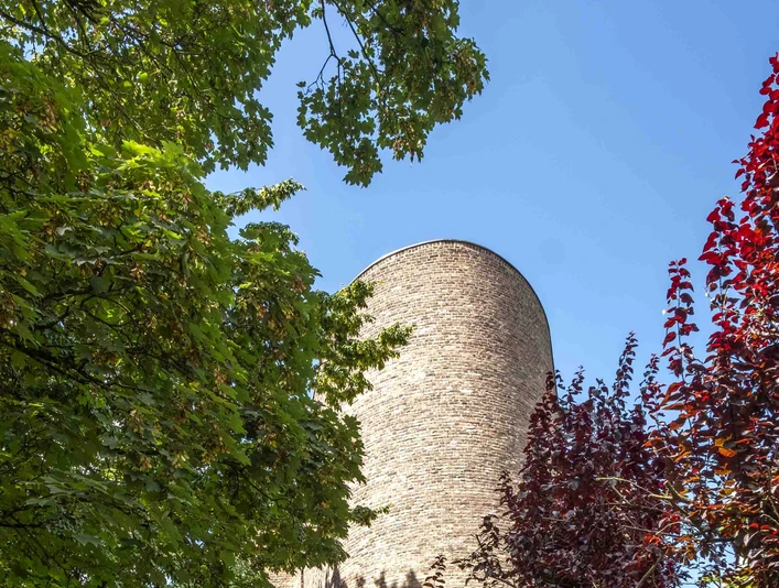 St. Alban Rundturm aus rotem Backstein, umgeben von buntem Herbstlaub und hellem Himmel.Round tower made of red brick, surrounded by colorful autumn leaves and a bright sky.