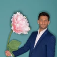 Pressefoto CH_Versöhnung_Fotograf Horst Klein_9.jpg Ein Mann in einem blauen Anzug hält eine übergroße rosa Blüte vor einem türkisfarbenen Hintergrund.