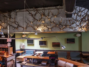 artheater Innenbereich vom Artheater, dekoriert mit zahlreichen Hirschgeweihen an der Decke. Die Geweihe sind in regelmäßigen Abständen angebracht und verleihen dem Raum ein rustikales Flair. Im Vordergrund sind eine Theke sowie diverse Sitzmöglichkeiten zu sehen. Der Raum strahlt durch die Anordnung der Elemente eine kreative und einzigartige Atmosphäre aus.Interior of the Artheater, decorated with numerous deer antlers on the ceiling. The antlers are mounted at regular intervals and give the room a rustic flair. A bar and various seating options can be seen in the foreground. The room radiates a creative and unique atmosphere thanks to the arrangement of the elements.