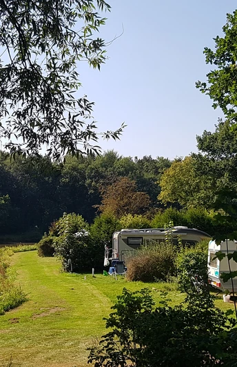 1_kcp_haren_20210909_130629_schnitt.jpg Grüne Uferwiese mit Wohnwagen am See, umgeben von Bäumen, bei sonnigem, klarem Sommerwetter.