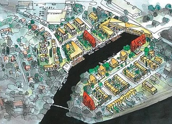 alterhafen-bolleswilson_1945_1.jpg Architektonische Skizze des Alten Hafens in Lingen mit Wasserflächen, Gebäuden und Grünzonen.