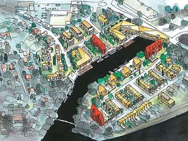 alterhafen-bolleswilson_1945_1.jpg Architektonische Skizze des Alten Hafens in Lingen mit Wasserflächen, Gebäuden und Grünzonen.