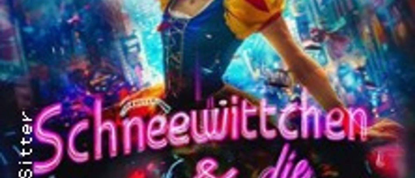 Frau im Schneewittchen-Kostüm vor neonbunter Stadtkulisse mit grellem Showtitel