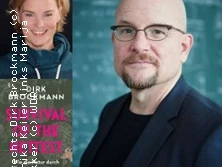 Dirk Brockmann lächelt in die Kamera, mit Buchcover zur Festivalveranstaltung im Hintergrund.
