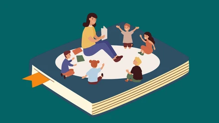 Illustration einer Frau, die Kindern aus einem Buch vorliest, alle sitzen auf einem großen Buch.