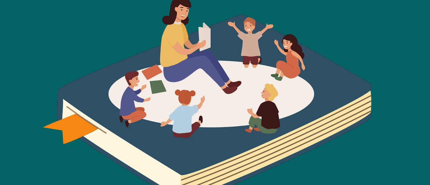 Illustration einer Frau, die Kindern aus einem Buch vorliest, alle sitzen auf einem großen Buch.