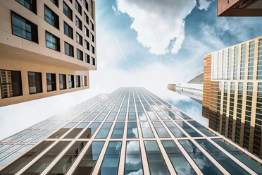 TaunusTurm - Exterior view Upward view between skyscrapers in Frankfurt banking district